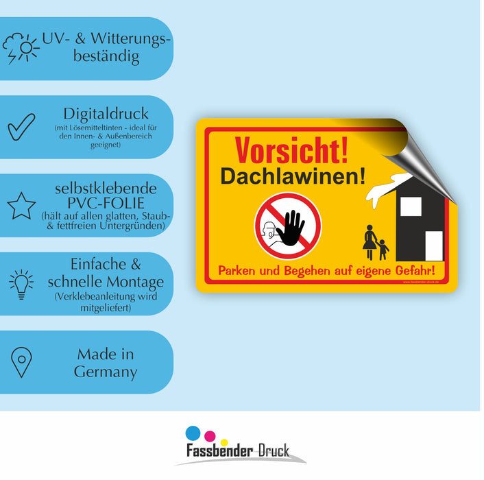 WI-005 VORSICHT DACHLAWINEN - Schild für eine Gefahrenzone (Rutschgefahr) - Schild für einen Privatweg - Begehen & Befahren auf eigene Gefahr