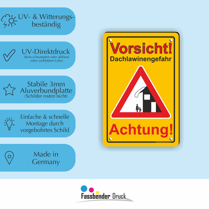 WI-007 ACHTUNG DACHLAWINENGEFAR - Schild für eine Gefahrenzone (Rutschgefahr) - Schild für einen Privatweg - Begehen & Befahren auf eigene Gefahr