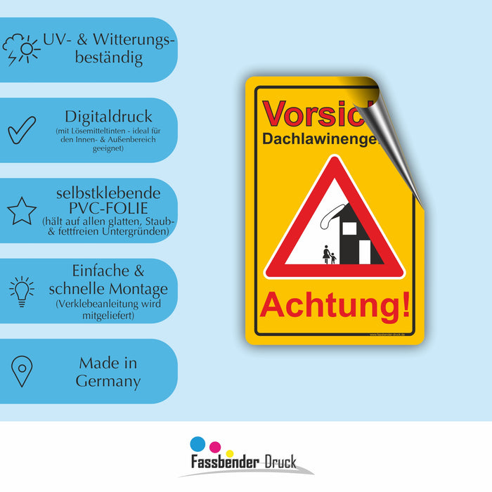 WI-007 ACHTUNG DACHLAWINENGEFAR - Schild für eine Gefahrenzone (Rutschgefahr) - Schild für einen Privatweg - Begehen & Befahren auf eigene Gefahr
