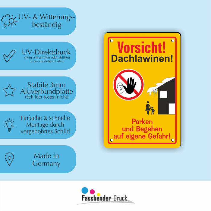 WI-008 VORSICHT DACHLAWINENGEFAR - Schild für eine Gefahrenzone (Rutschgefahr) - Schild für einen Privatweg - Begehen & Befahren auf eigene Gefahr