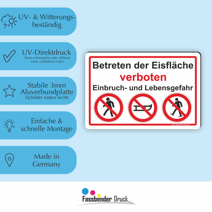 WI-009 BETRETEN DER EISFLÄCHE VERBOTEN - Schild für eine Gefahrenzone (Rutschgefahr) - Schild für einen Privatweg - Begehen & Befahren auf eig. Gefahr