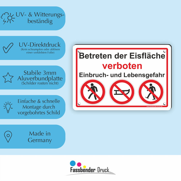 WI-009 BETRETEN DER EISFLÄCHE VERBOTEN - Schild für eine Gefahrenzone (Rutschgefahr) - Schild für einen Privatweg - Begehen & Befahren auf eig. Gefahr