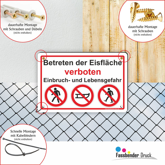 WI-009 BETRETEN DER EISFLÄCHE VERBOTEN - Schild für eine Gefahrenzone (Rutschgefahr) - Schild für einen Privatweg - Begehen & Befahren auf eig. Gefahr