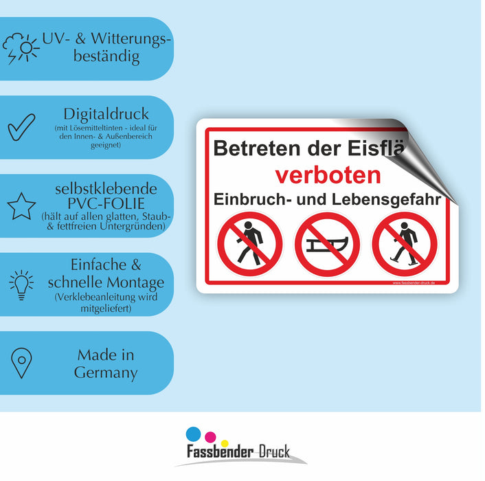 WI-009 BETRETEN DER EISFLÄCHE VERBOTEN - Schild für eine Gefahrenzone (Rutschgefahr) - Schild für einen Privatweg - Begehen & Befahren auf eig. Gefahr