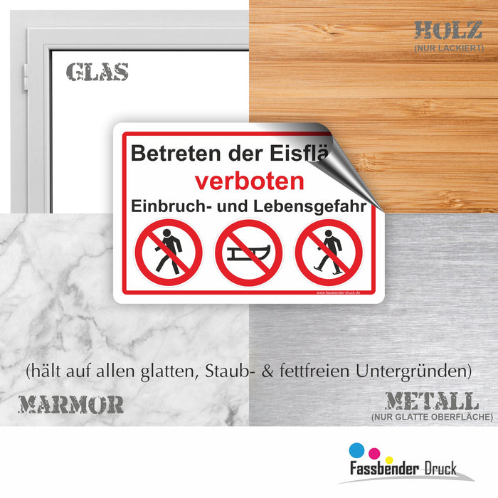 WI-009 BETRETEN DER EISFLÄCHE VERBOTEN - Schild für eine Gefahrenzone (Rutschgefahr) - Schild für einen Privatweg - Begehen & Befahren auf eig. Gefahr