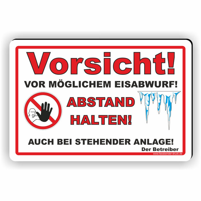 WI-012 VORSICHT EISABWURF - Schild für eine Gefahrenzone (Rutschgefahr) - Schild für einen Privatweg - Begehen & Befahren auf eigene Gefahr
