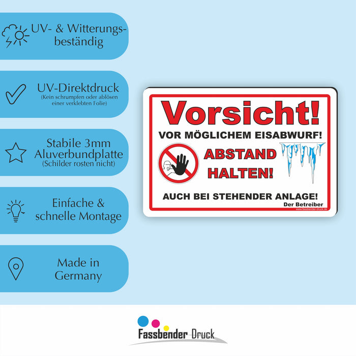 WI-012 VORSICHT EISABWURF - Schild für eine Gefahrenzone (Rutschgefahr) - Schild für einen Privatweg - Begehen & Befahren auf eigene Gefahr