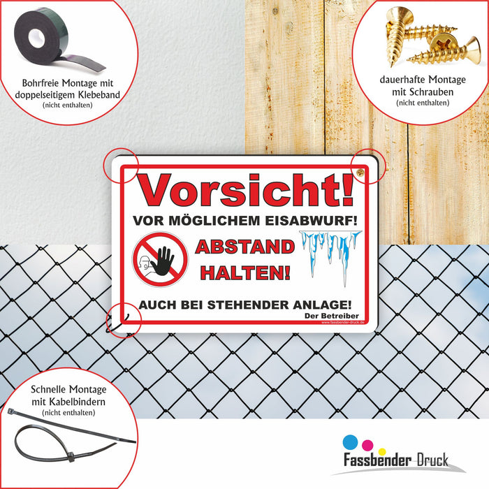 WI-012 VORSICHT EISABWURF - Schild für eine Gefahrenzone (Rutschgefahr) - Schild für einen Privatweg - Begehen & Befahren auf eigene Gefahr