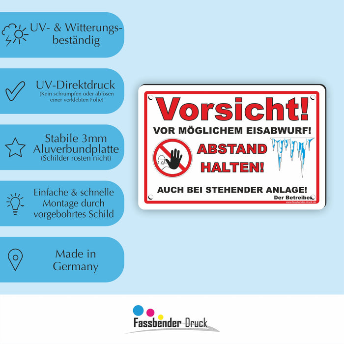 WI-012 VORSICHT EISABWURF - Schild für eine Gefahrenzone (Rutschgefahr) - Schild für einen Privatweg - Begehen & Befahren auf eigene Gefahr