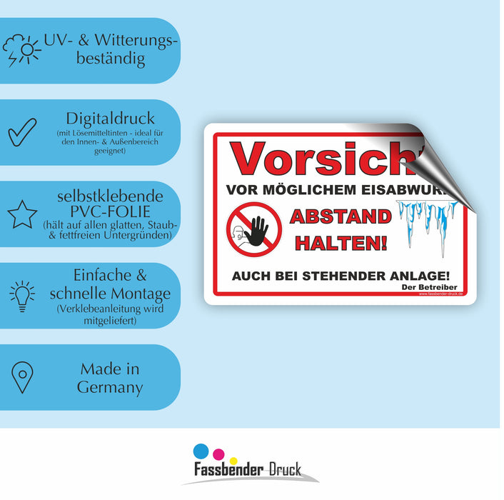 WI-012 VORSICHT EISABWURF - Schild für eine Gefahrenzone (Rutschgefahr) - Schild für einen Privatweg - Begehen & Befahren auf eigene Gefahr