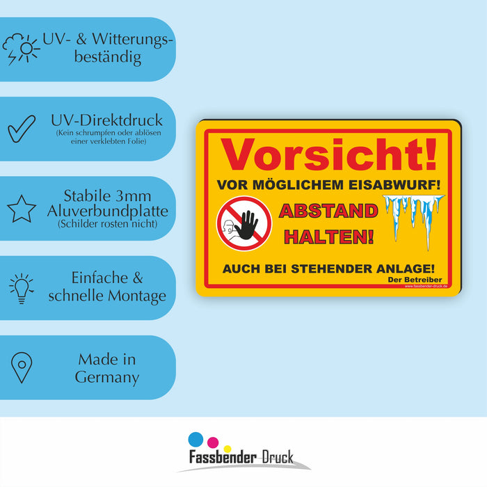 WI-013 VORSICHT EISABWURF (GELB) - Schild für eine Gefahrenzone (Rutschgefahr) - Schild für einen Privatweg - Begehen & Befahren auf eigene Gefahr