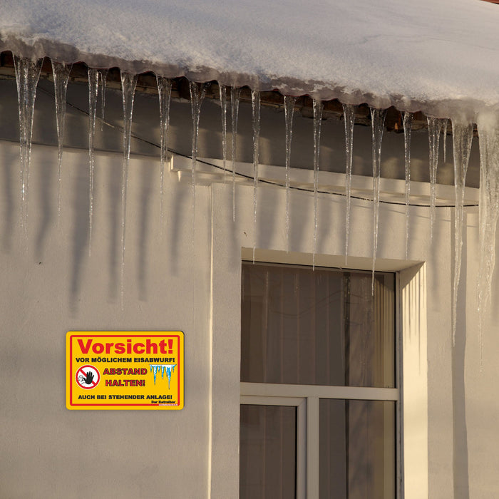 WI-013 VORSICHT EISABWURF (GELB) - Schild für eine Gefahrenzone (Rutschgefahr) - Schild für einen Privatweg - Begehen & Befahren auf eigene Gefahr