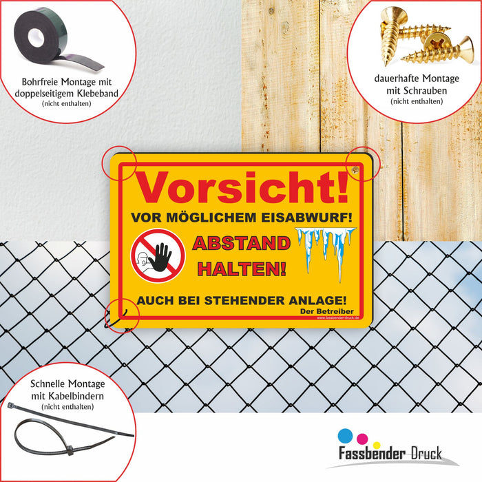 WI-013 VORSICHT EISABWURF (GELB) - Schild für eine Gefahrenzone (Rutschgefahr) - Schild für einen Privatweg - Begehen & Befahren auf eigene Gefahr