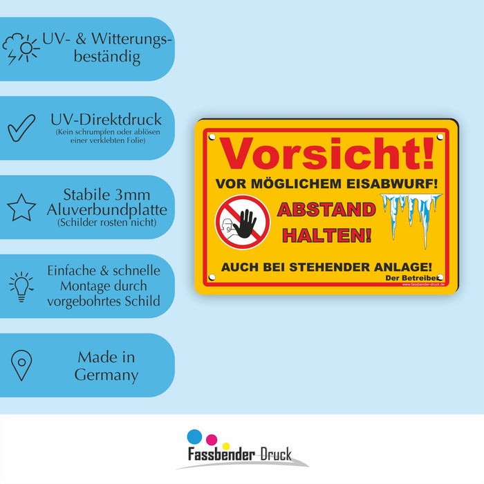 WI-013 VORSICHT EISABWURF (GELB) - Schild für eine Gefahrenzone (Rutschgefahr) - Schild für einen Privatweg - Begehen & Befahren auf eigene Gefahr