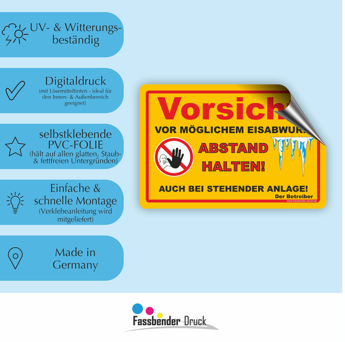 WI-013 VORSICHT EISABWURF (GELB) - Schild für eine Gefahrenzone (Rutschgefahr) - Schild für einen Privatweg - Begehen & Befahren auf eigene Gefahr