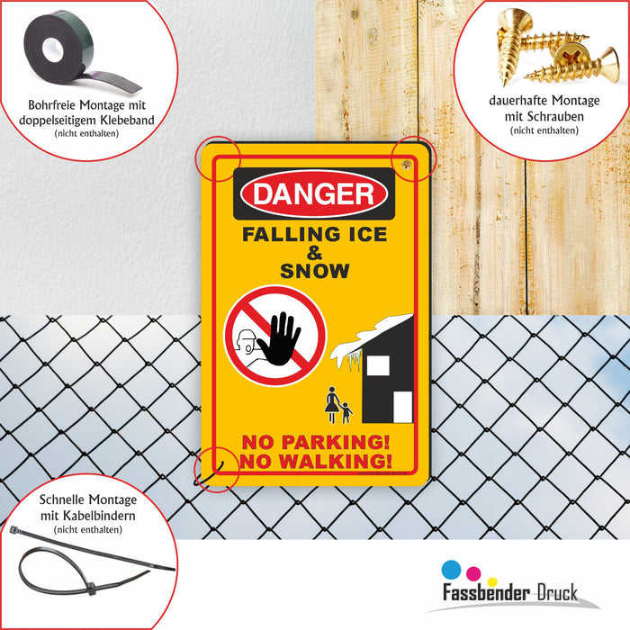 WI-015 DANGER FALLING ICE - lustiges FUN Schild auf Englisch zum Markieren einer Gefahrenzone (Rutschgefahr) -  Begehen & Befahren auf eigene Gefahr