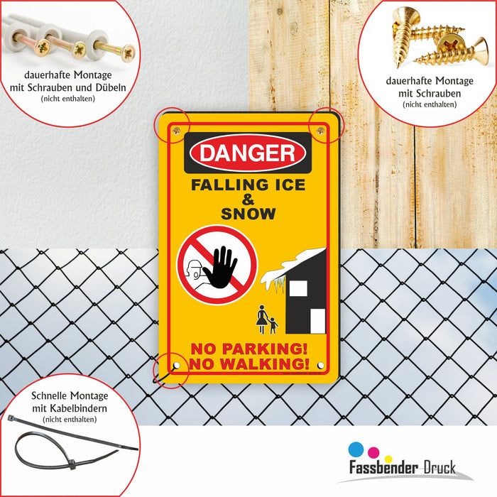 WI-015 DANGER FALLING ICE - lustiges FUN Schild auf Englisch zum Markieren einer Gefahrenzone (Rutschgefahr) -  Begehen & Befahren auf eigene Gefahr