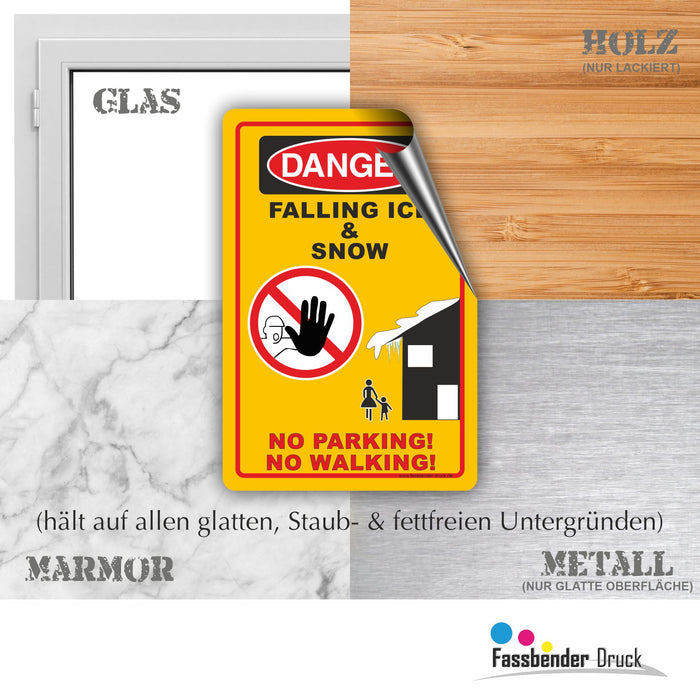 WI-015 DANGER FALLING ICE - lustiges FUN Schild auf Englisch zum Markieren einer Gefahrenzone (Rutschgefahr) -  Begehen & Befahren auf eigene Gefahr