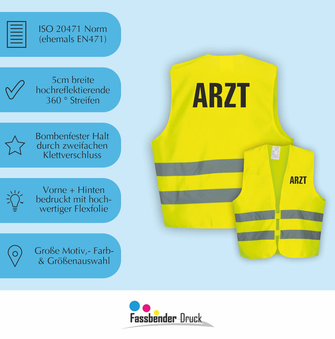 ARZT Warnweste | Signalweste | Sicherheitsweste nach ISO 20471 | 6 Farben + 3 Größen