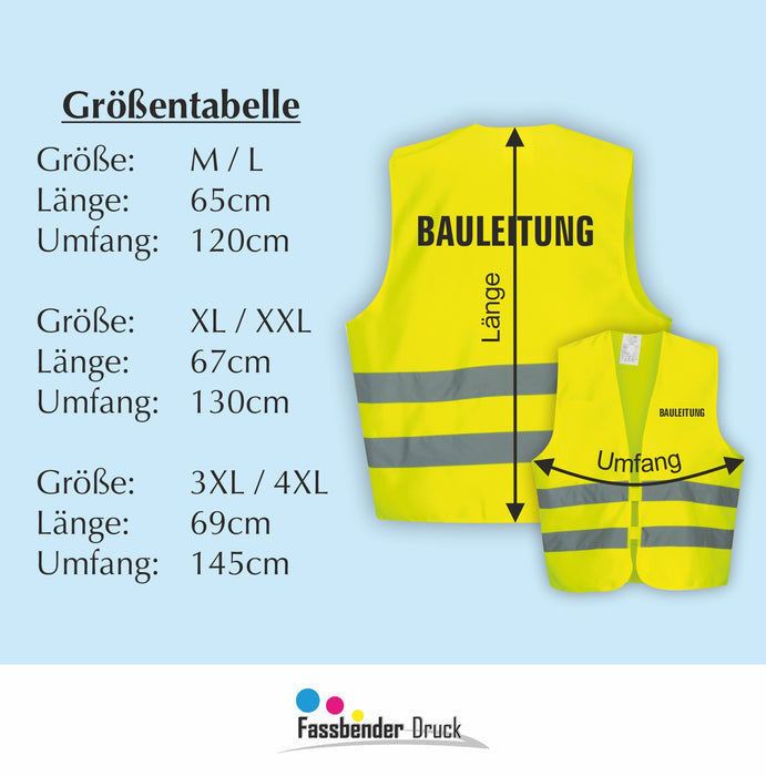 BAULEITUNG Warnweste | Signalweste | Sicherheitsweste nach ISO 20471 | 6 Farben + 3 Größen