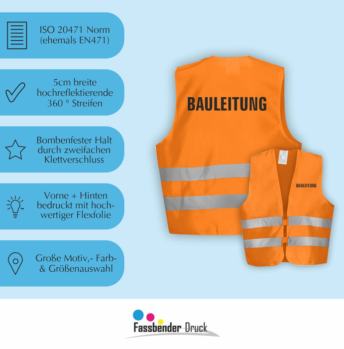 BAULEITUNG Warnweste | Signalweste | Sicherheitsweste nach ISO 20471 | 6 Farben + 3 Größen