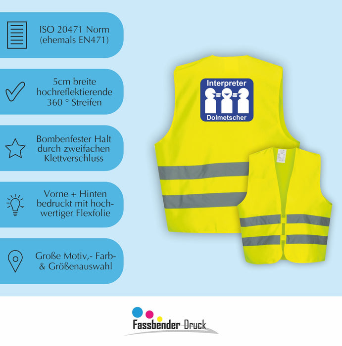 DOLMETSCHER Warnweste | Signalweste | Sicherheitsweste nach ISO 20471 | 6 Farben + 3 Größen