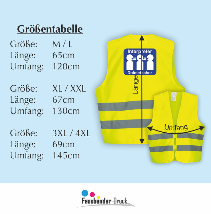 DOLMETSCHER Warnweste | Signalweste | Sicherheitsweste nach ISO 20471 | 6 Farben + 3 Größen