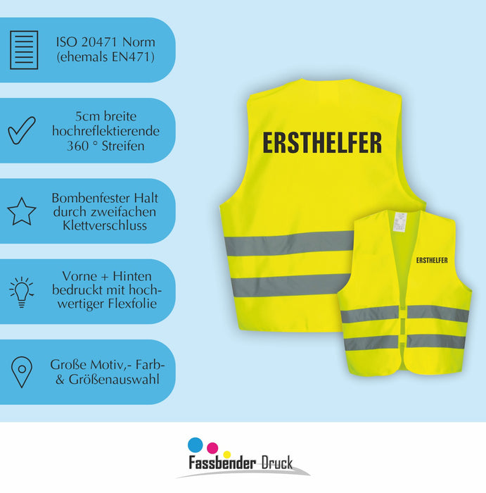 ERSTHELFER Warnweste | Signalweste | Sicherheitsweste nach ISO 20471 | 6 Farben + 3 Größen