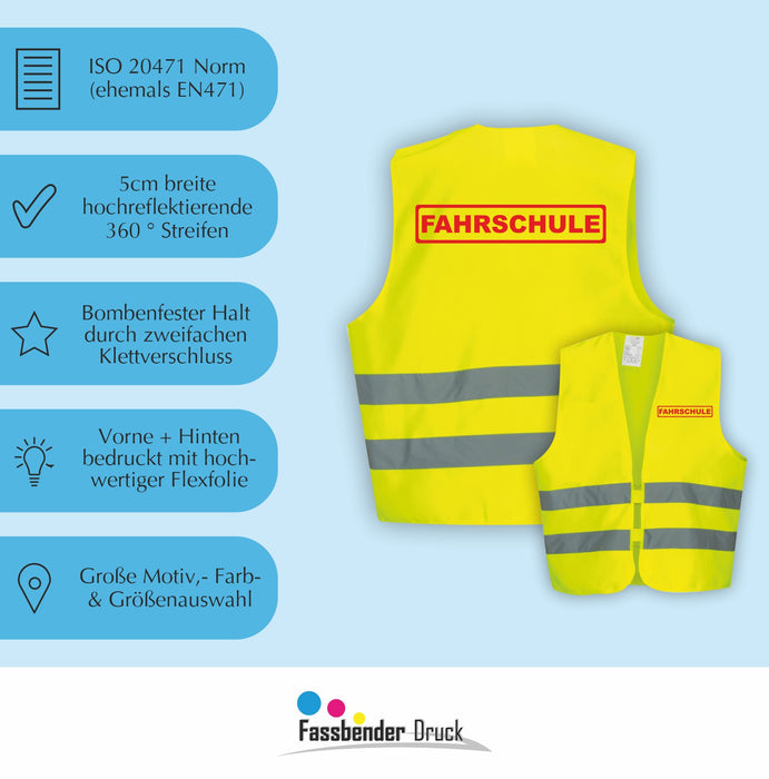 FAHRSCHULE Warnweste | Signalweste | Sicherheitsweste nach ISO 20471 | 6 Farben + 3 Größen