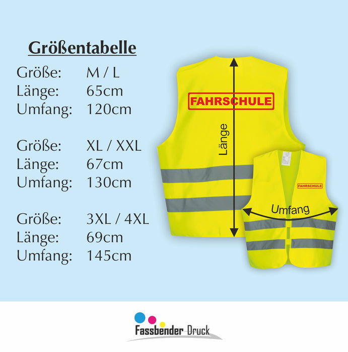 FAHRSCHULE Warnweste | Signalweste | Sicherheitsweste nach ISO 20471 | 6 Farben + 3 Größen