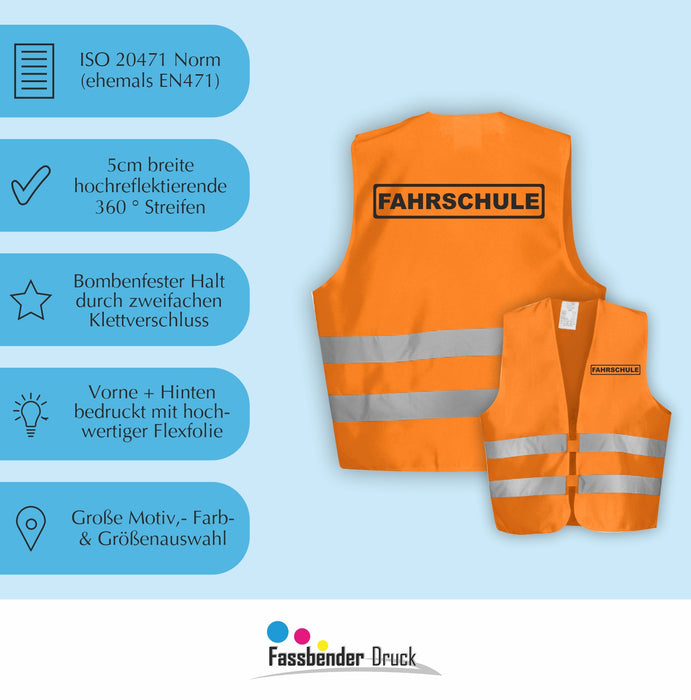 FAHRSCHULE Warnweste | Signalweste | Sicherheitsweste nach ISO 20471 | 6 Farben + 3 Größen