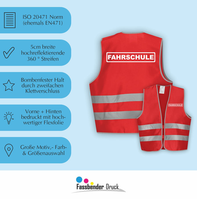 FAHRSCHULE Warnweste | Signalweste | Sicherheitsweste nach ISO 20471 | 6 Farben + 3 Größen