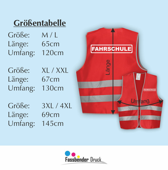 FAHRSCHULE Warnweste | Signalweste | Sicherheitsweste nach ISO 20471 | 6 Farben + 3 Größen