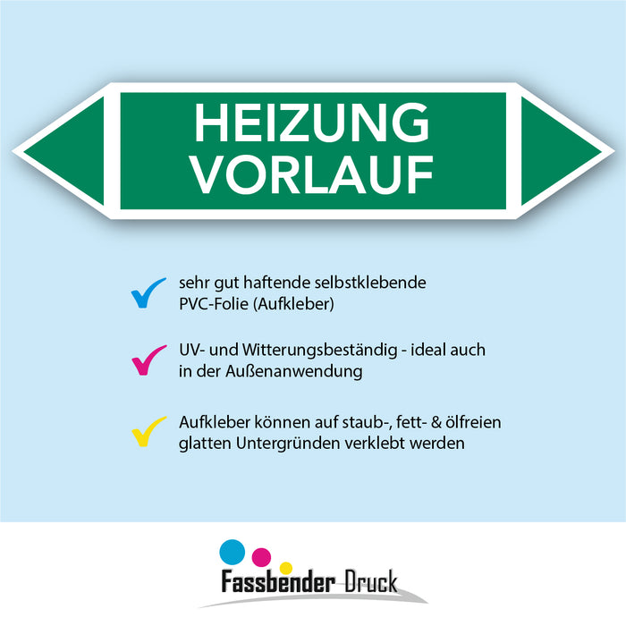 Rohrleitungskennzeichen HEIZUNG VORLAUF nach DIN EN 2403:2014-06 und TRGS 201- mit 2 spitzen zum selber ausrichten