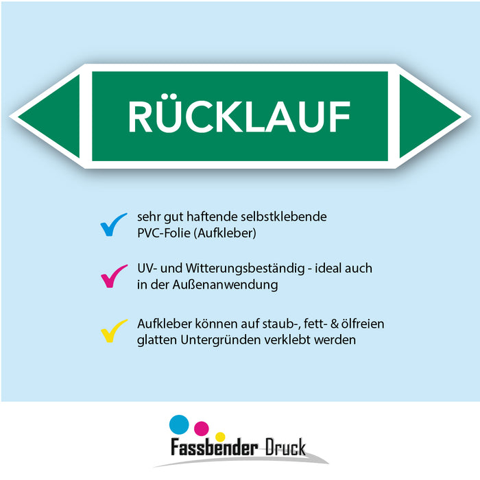 Rohrleitungskennzeichen RÜCKLAUF nach DIN EN 2403:2014-06 und TRGS 201- mit 2 spitzen zum selber ausrichten