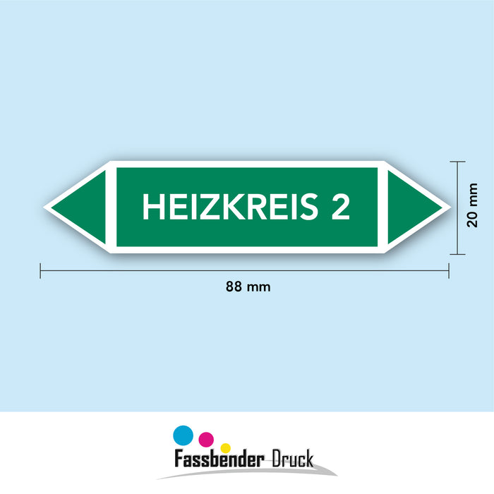 Rohrleitungskennzeichen HEIZKREIS 2 nach DIN EN 2403:2014-06 und TRGS 201- mit 2 spitzen zum selber ausrichten