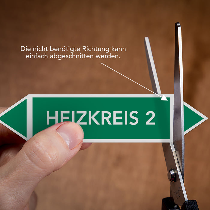 Rohrleitungskennzeichen HEIZKREIS 2 nach DIN EN 2403:2014-06 und TRGS 201- mit 2 spitzen zum selber ausrichten