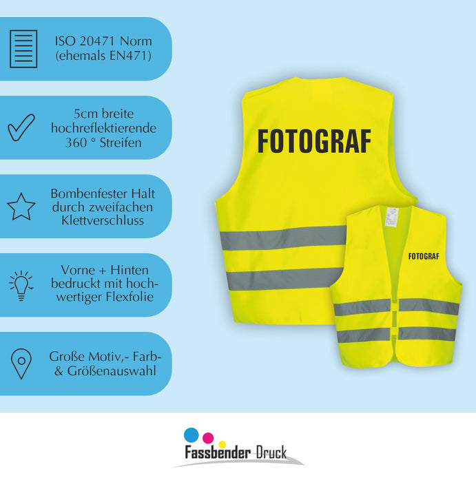 FOTOGRAF Warnweste | Signalweste | Sicherheitsweste nach ISO 20471 | 6  Farben + 3 Größen