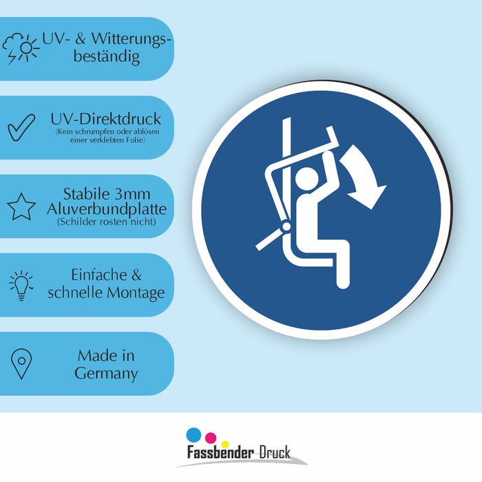 Gebotszeichen Sicherheitsbügel des Sessellifts schließen RUND (M033) nach DIN EN ISO 7010