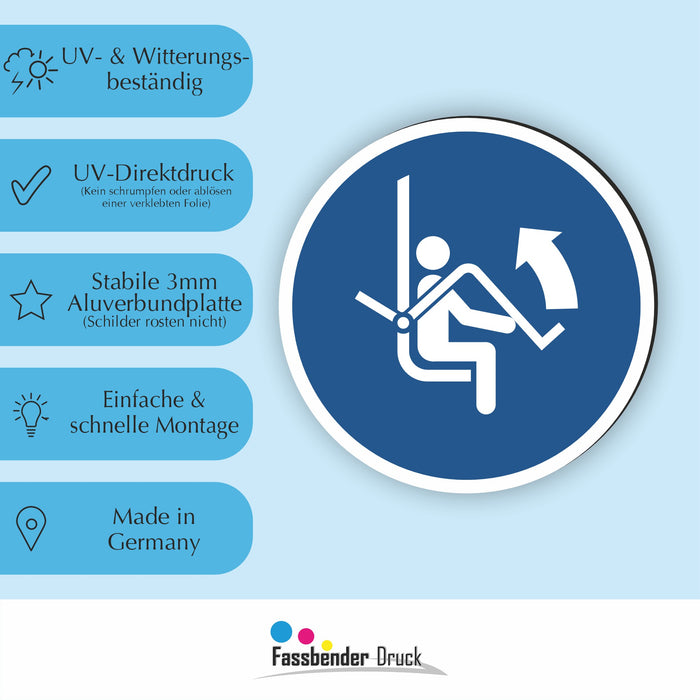 Gebotszeichen Sicherheitsbügel des Sessellifts öffnen RUND (M034) nach DIN EN ISO 7010