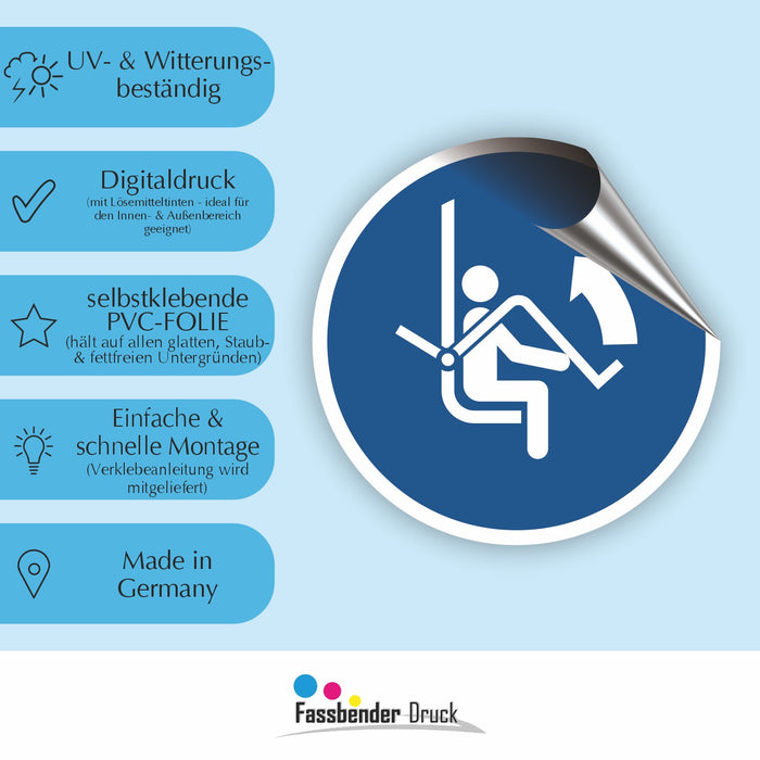 Gebotszeichen Sicherheitsbügel des Sessellifts öffnen RUND (M034) nach DIN EN ISO 7010