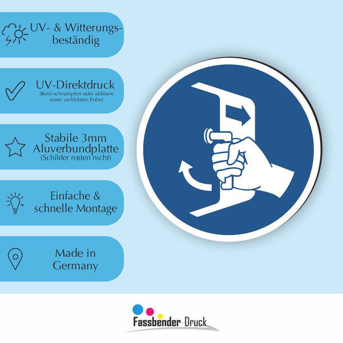Gebotszeichen Öffnungen schließen und sichern beim Aussetzvorgang RUND (M037) nach DIN EN ISO 7010