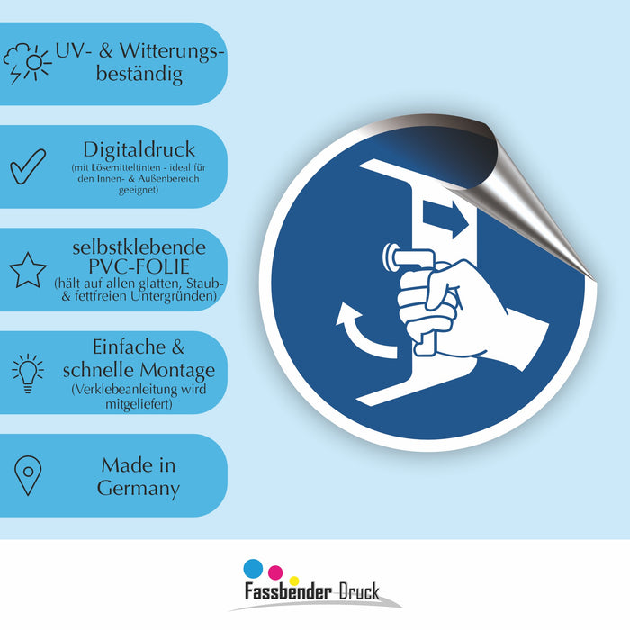 Gebotszeichen Öffnungen schließen und sichern beim Aussetzvorgang RUND (M037) nach DIN EN ISO 7010