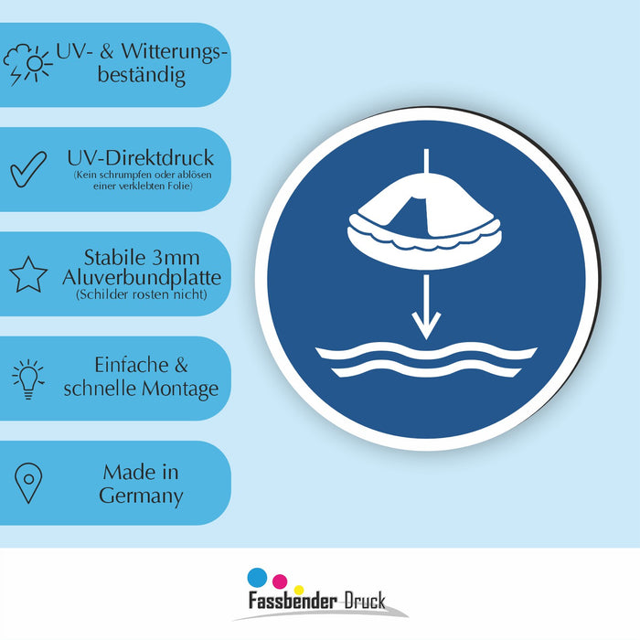 Gebotszeichen Rettungsfloß fieren beim Aussetzvorgang RUND (M040) nach DIN EN ISO 7010