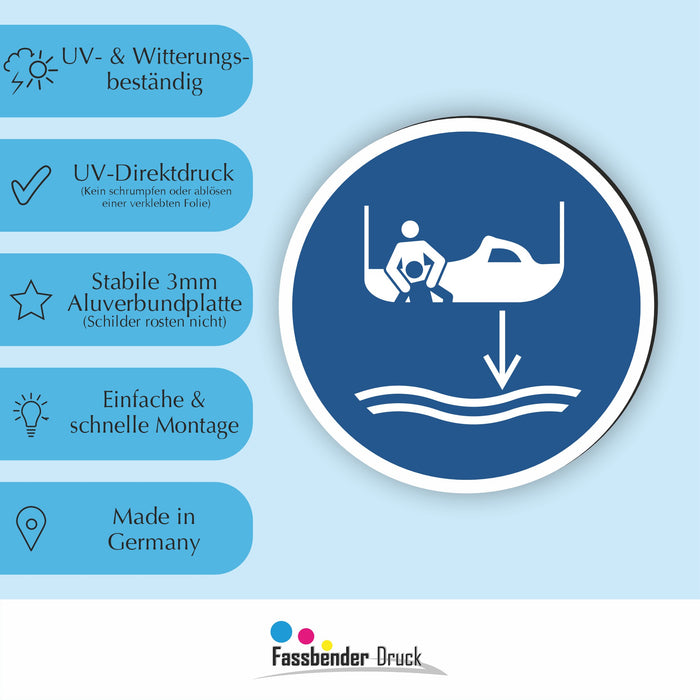 Gebotszeichen Bereitschaftsboot fieren beim Aussetzvorgang RUND (M041) nach DIN EN ISO 7010