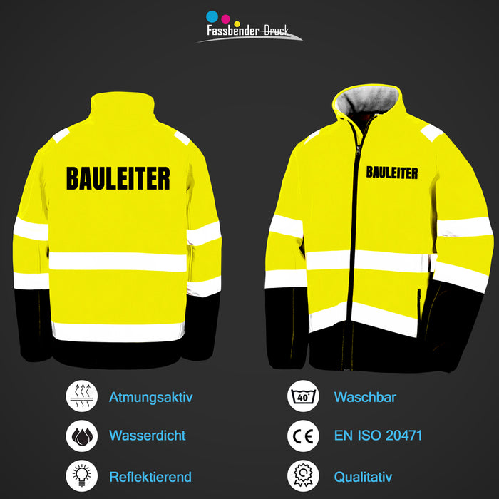 BAULEITER Softshell Warnjacke / Sicherheitsjacke mit Reißverschluss und Taschen