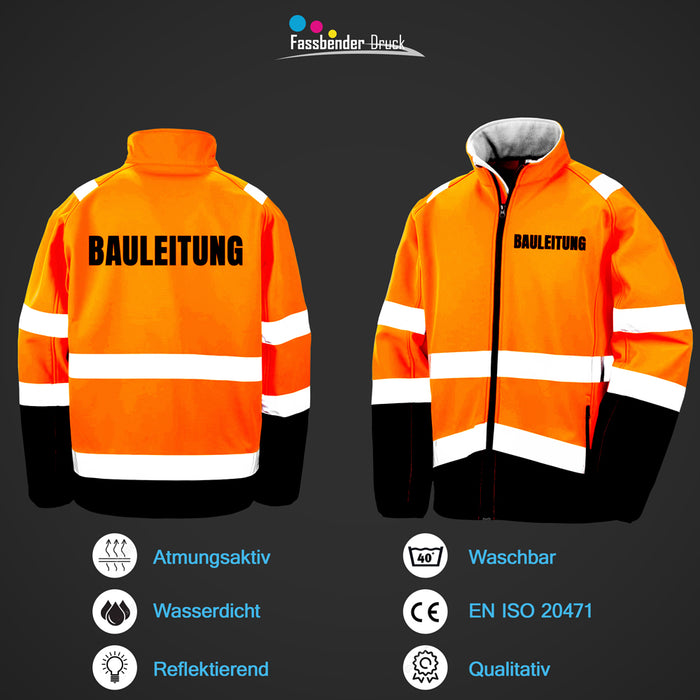 BAULEITUNG Softshell Warnjacke / Sicherheitsjacke mit Reißverschluss und Taschen