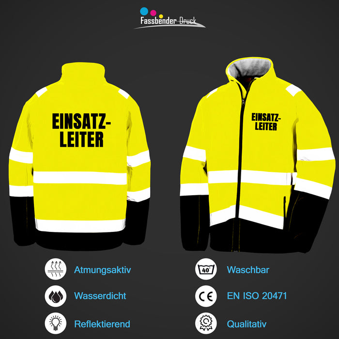 EINSATZLEITER Softshell Warnjacke / Sicherheitsjacke mit Reißverschluss und Taschen