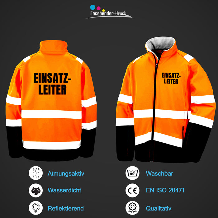 EINSATZLEITER Softshell Warnjacke / Sicherheitsjacke mit Reißverschluss und Taschen