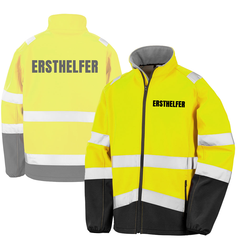 Fassbender-Druck WARNWESTEN - ORDNER Sicherheitsjacke GELB aus Softshell - Gelb Warnjacke nach EN ISO 20471 zertifiziert - Unisex und hochwertigem Reflektorstreifen (Gr. S